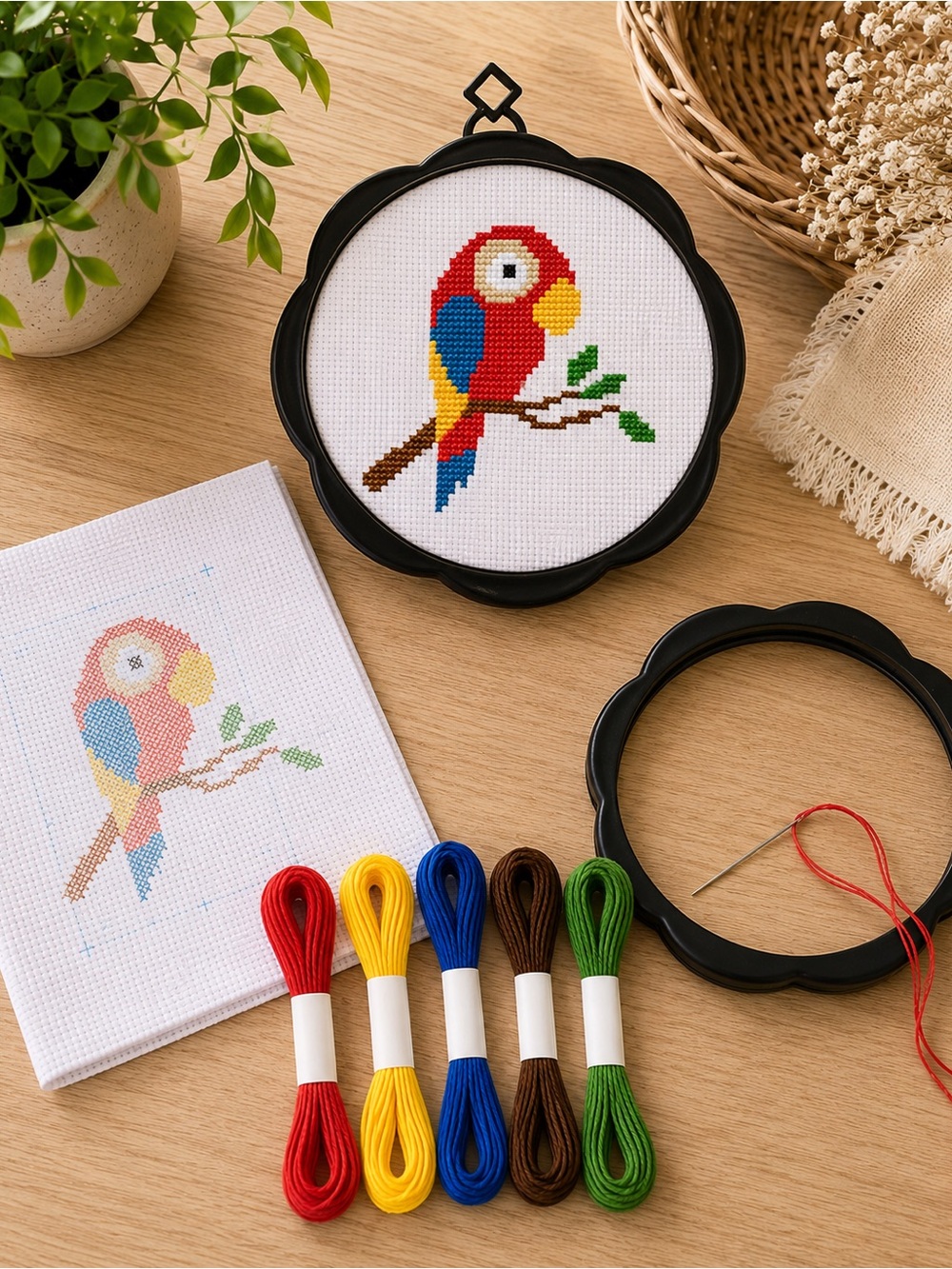Parrot Cross Stitch Kit – Stamped Beginner Cross Stitch Kit with Frame